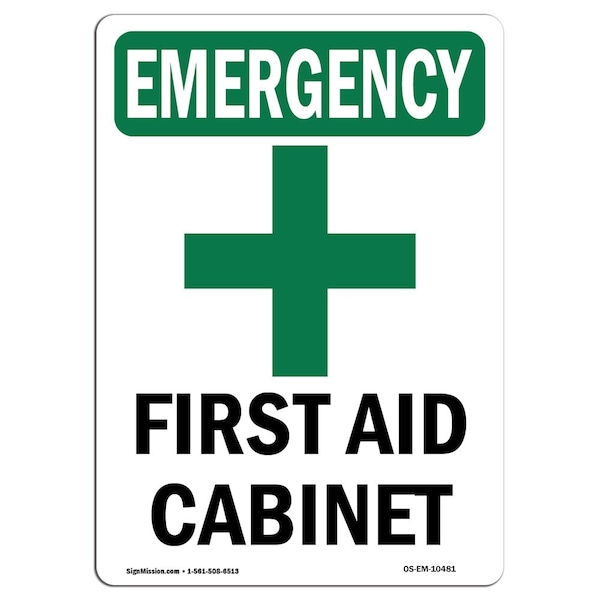 Safety Sign, OSHA EMERGENCY, 5" Height, First Aid Cabinet, Portrait, 10PK